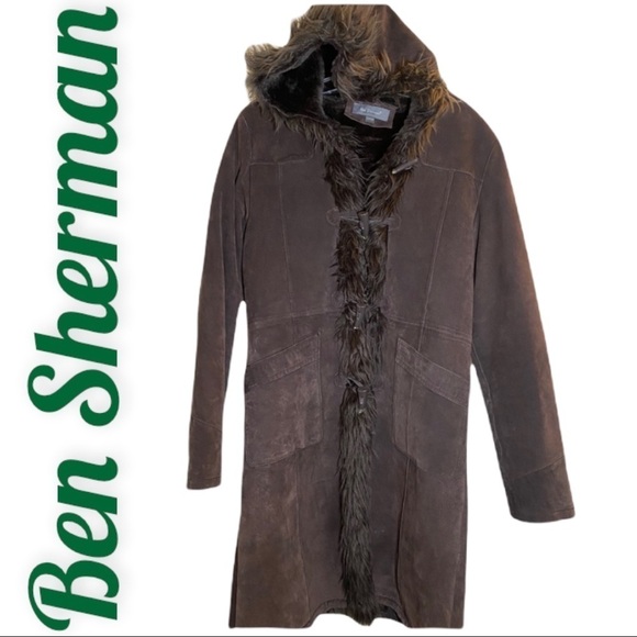 BEN SHERMAN VTG 100% GENUINE SUEDE PENNY LANE FAUX FUR CHOCOLATE BROWN COAT, 10 - Picture 2 of 13